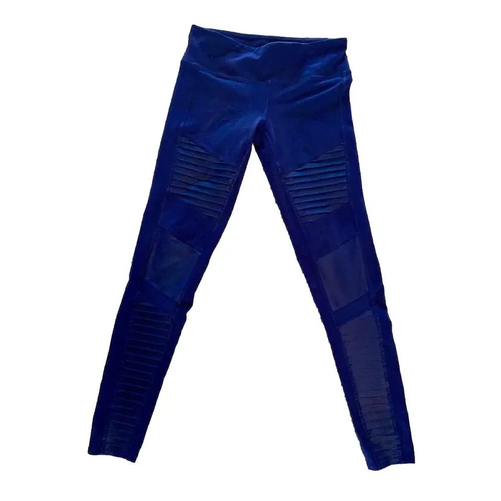 ALO Blue Navy Womens Pull On Moto Yoga Workout Full Length Leggings Size Small